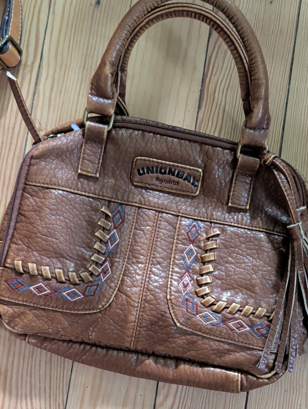UNIONBAY Brown Satchel with Tassel and Embroidered Detail
